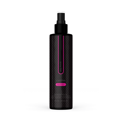A black bottle of Lustra Hydrating Body Oil, Dirty French bottle on png background. A Pure Romance product.