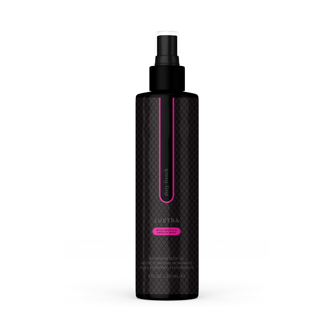 Lustra Hydrating Body Oil, Dirty French bottle on png background. A Pure Romance product