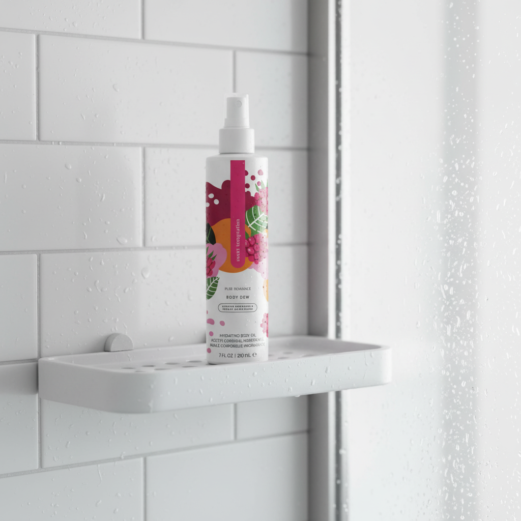 A bottle Lustra Hyrdating Body Oil Sweet Temptation by Pure Romance in the shower 
