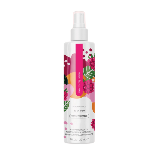 A bottle of Lustra Hydrating Body Oil in Sweet Temptation by Pure Romance, featuring a colorful abstract label and spray nozzle.