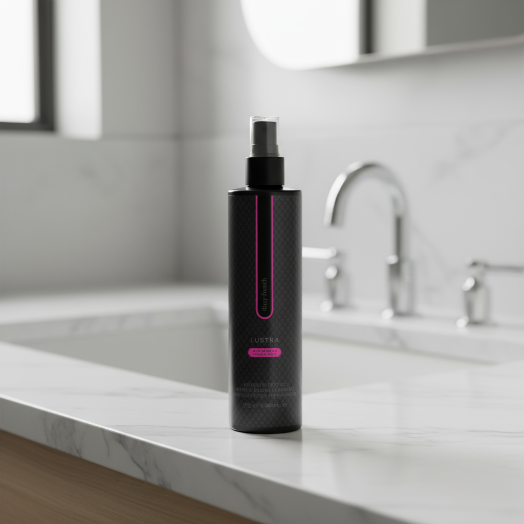 Black spray bottle with pink accents on bathroom counter. Dirty French scent by Pure Romance.