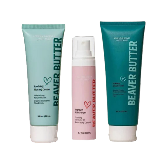 three bottles on a white background. light green shaving cream, pink bottle of ingrown hair serum and dark green polishing scrub.
