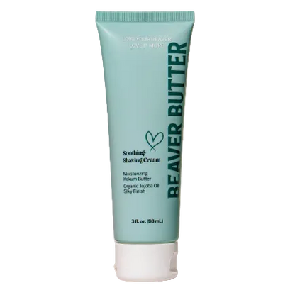 A blue tube of Beaver Butter soothing shaving cream on a white background.
