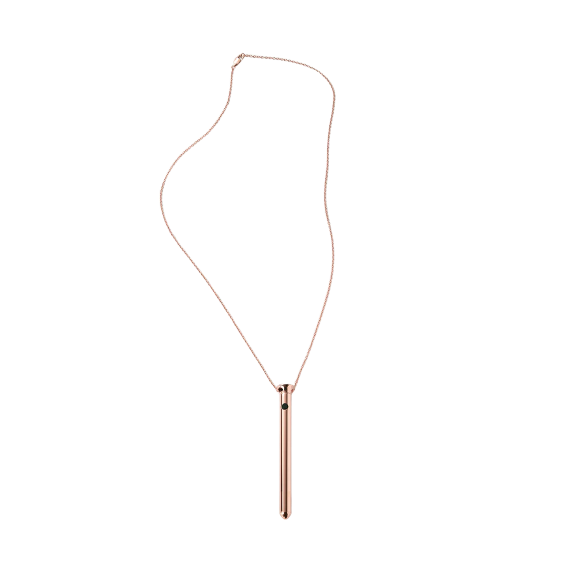 Rose gold necklace with a cylindrical pendant on a white background
