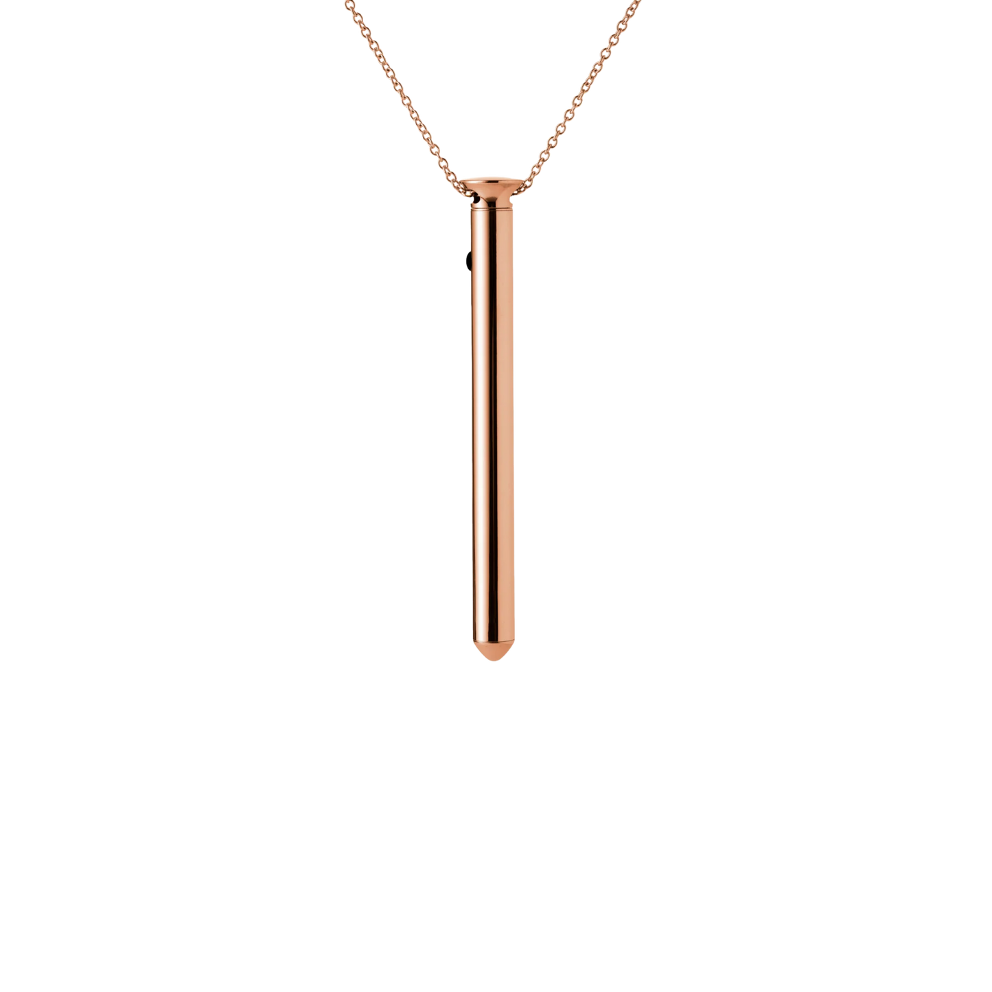 Rose gold necklace with a cylindrical pendant on a white background