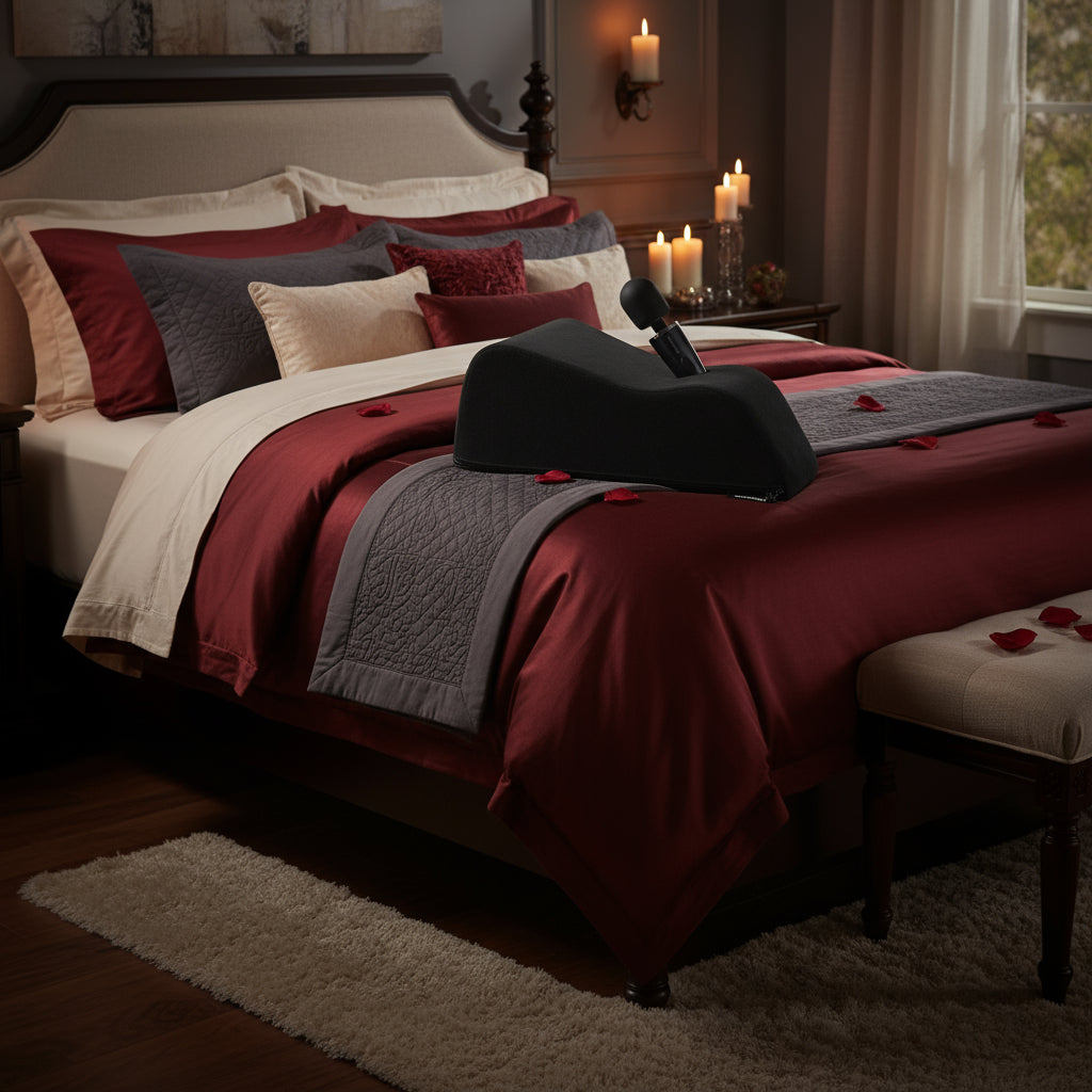 Black mount with toy on a sensual bed