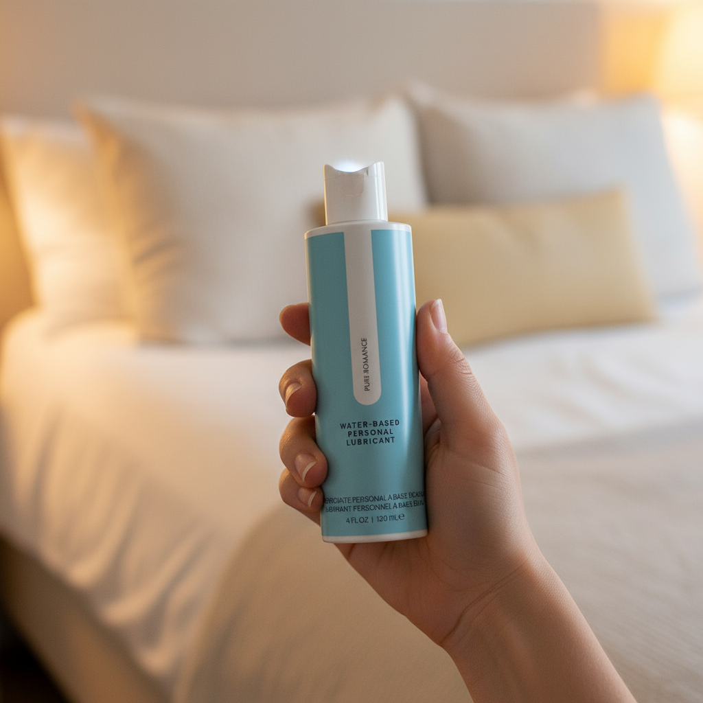 water-based lubricant being held by a hand in the bedroom