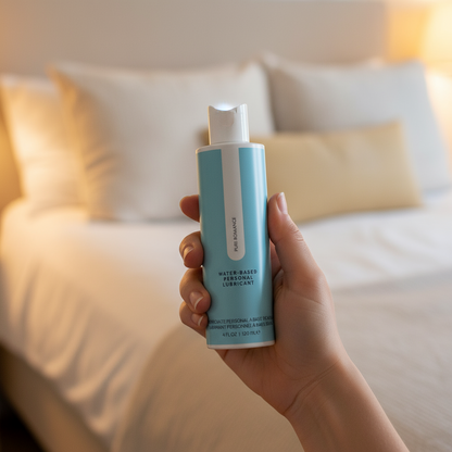 water-based lubricant being held by a hand in the bedroom
