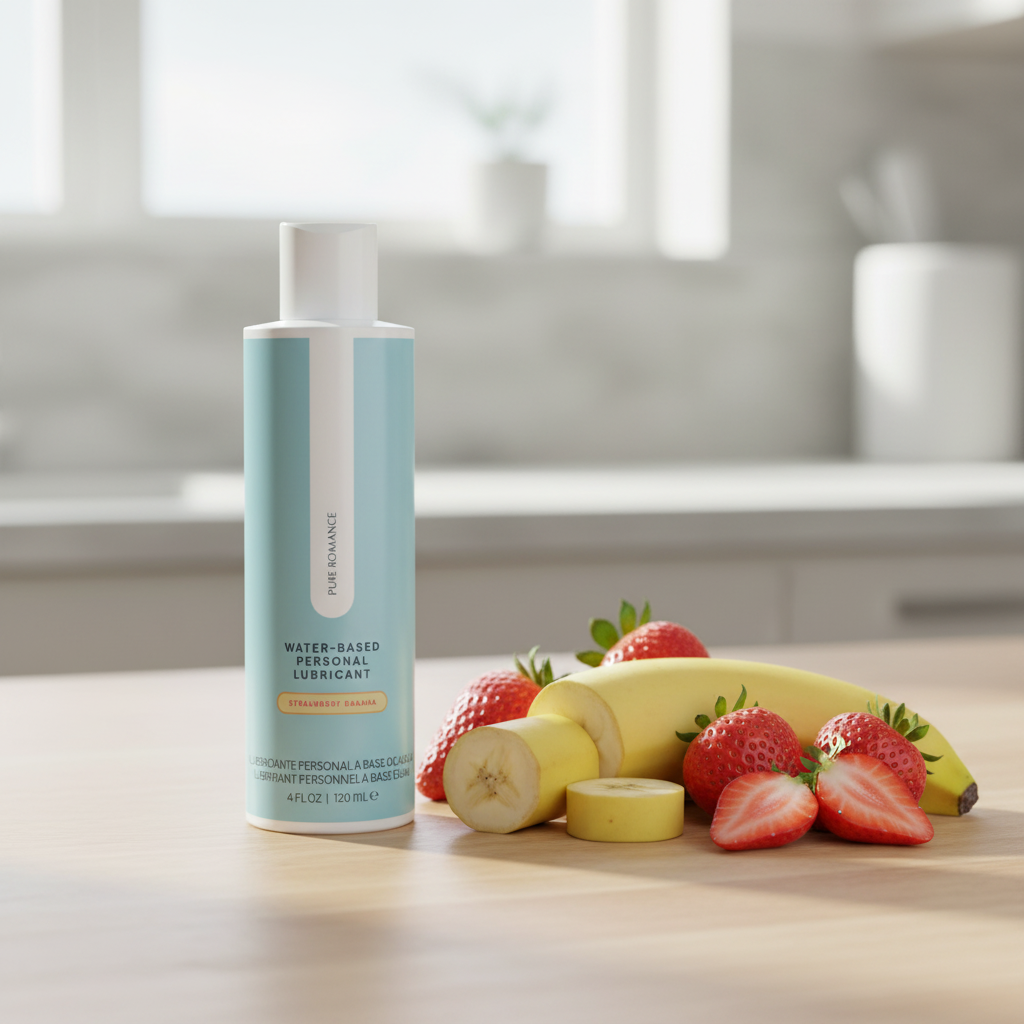 water-based lubricant strawberry banana bottle next to bananas and strawberries.